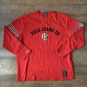 Polo Jeans Ralph Lauren Crew Pullover Sweater Sz M Red Spellout Rugby Sweatshirt